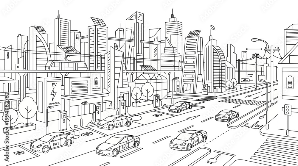 Naklejka premium Futuristic city landscape with electric vehicles charging and smart infrastructure