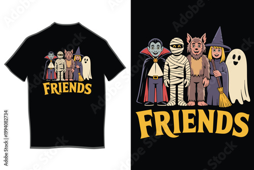 Cute Halloween Friends Cartoon Characters T-Shirt Design with Vampire Mummy Werewolf Witch and Ghost Illustration