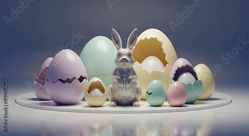 Silver bunny figurine with pastel cracked Easter eggs on plate.