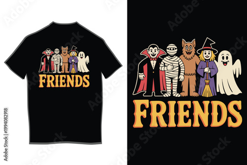 Cute Halloween Friends Cartoon Characters T-Shirt Design with Vampire Mummy Werewolf Witch and Ghost Illustration