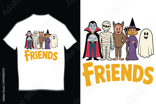 Cute Halloween Friends Cartoon Characters T-Shirt Design with Vampire Mummy Werewolf Witch and Ghost Illustration