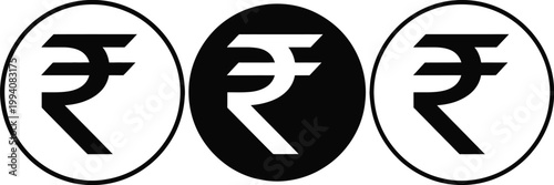 Indian rupee symbol variations, multiple designs of currency icon displayed on circular backgrounds for finance and monetary concept illustration.