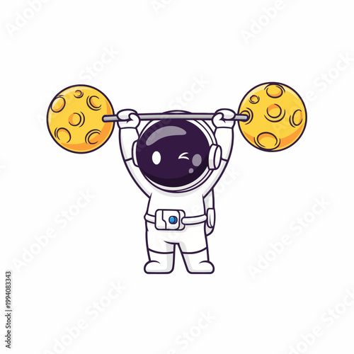 The cute astronaut performing a bench press with moon barbell, flat vector mascot illustration.
