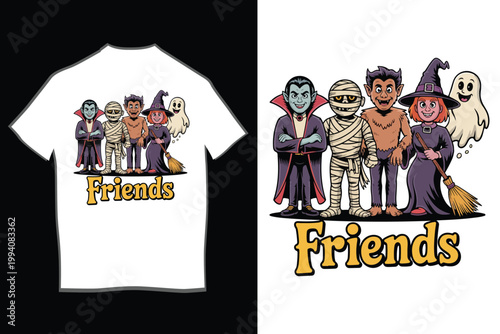 Cute Halloween Friends Cartoon Characters T-Shirt Design with Vampire Mummy Werewolf Witch and Ghost Illustration