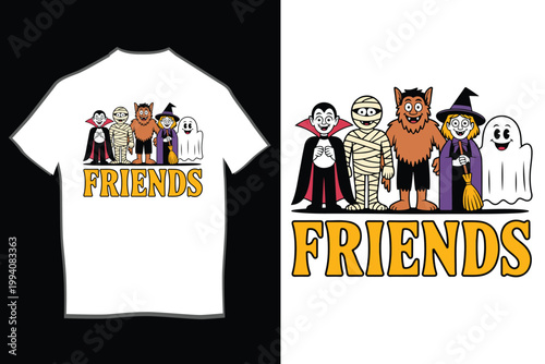 Cute Halloween Friends Cartoon Characters T-Shirt Design with Vampire Mummy Werewolf Witch and Ghost Illustration