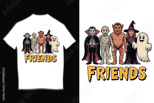 Cute Halloween Friends Cartoon Characters T-Shirt Design with Vampire Mummy Werewolf Witch and Ghost Illustration