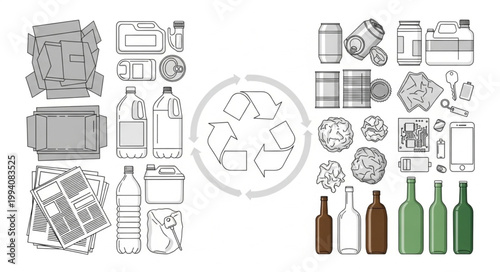 Recycling symbols and materials illustration.