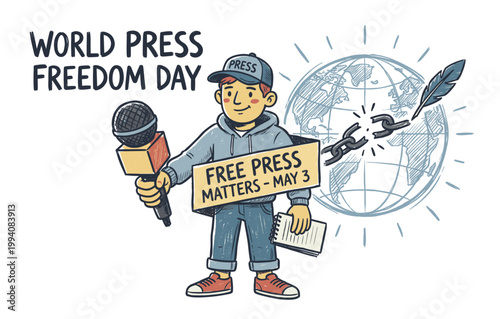 World press freedom day vector concept featuring a cartoon male reporter holding microphone and notepad with free press matters banner globe broken chain and quill pen illustration.