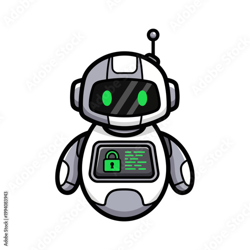 Friendly-looking security robot character with padlock on chest, flat vector mascot illustration.