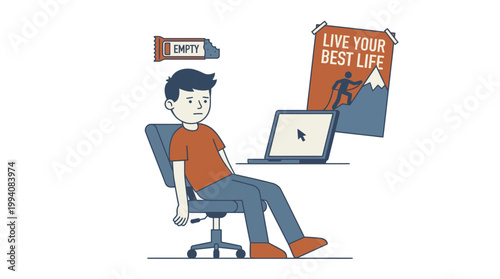 Burned Out Office Worker Slumped in Chair with Motivational Poster and Empty Snack Concept