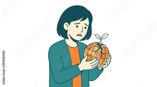 Concerned Woman Holding a Cracked Globe with a Growing Sprout Illustrating Climate Change and Hope for the Environment