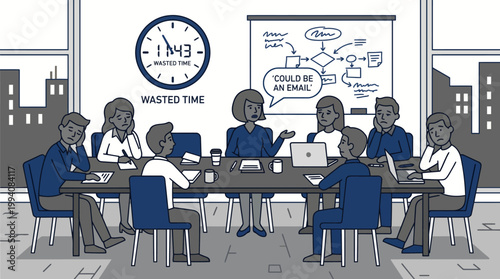 Illustration of an Unproductive Office Meeting with Bored Employees Wasted Time Clock and Could Be An Email Speech Bubble