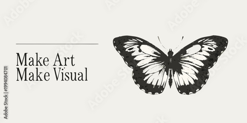 A black and white butterfly illustration with the words make art make visual