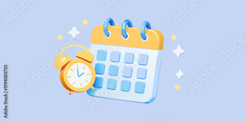 A vibrant illustration of a calendar and alarm clock symbolizing time