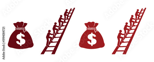 Financial success ladder, red vector illustration of people climbing towards money bags. Business growth and career advancement concept, wealth accumulation graphic.