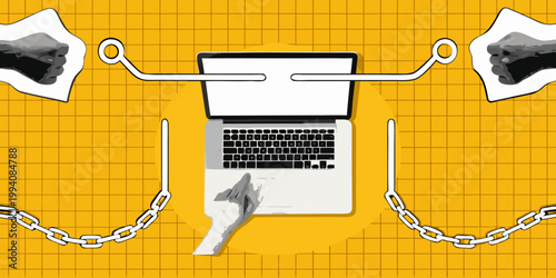 Laptop trapped within a surreal artistic and symbolic representation of restraint