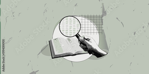 Hand holding magnifying glass over open book and grid pattern