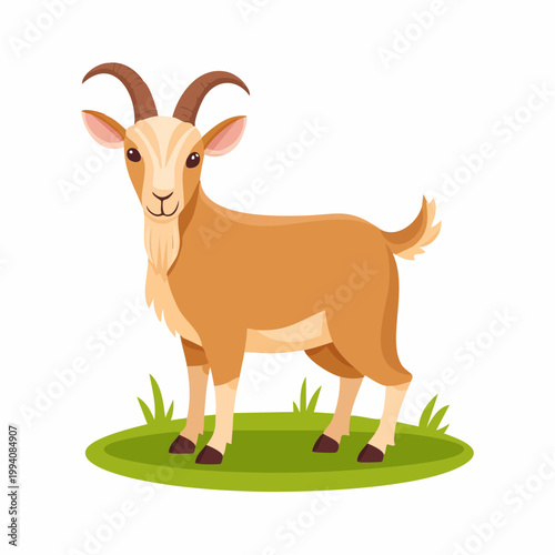 An adorable goat stands on green grass with its horns gleaming in the sunlight outdoors.