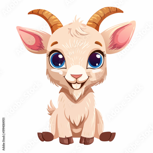 A cute cartoon goat with big eyes and horns sits happily on the ground.