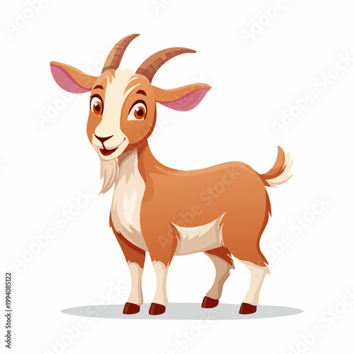 A cartoon goat stands cheerfully in a neutral environment looking forward with its distinctive horns.
