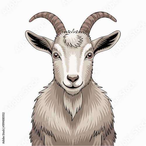 An illustration of a goat's face with horns shows the animal looking forward on a white background.