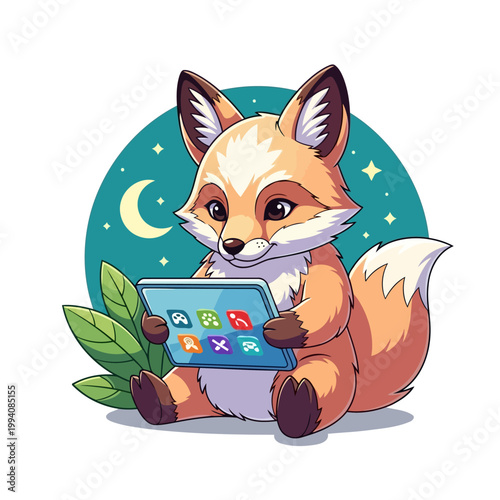 A cute fox mascot looking a tablet device with focused expression, flat vector mascot illustration.