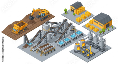 Industrial factory complex with heavy machinery and construction equipment.