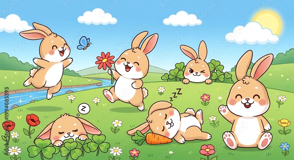 Naklejka premium Cute rabbits in a grassy meadow with flowers
