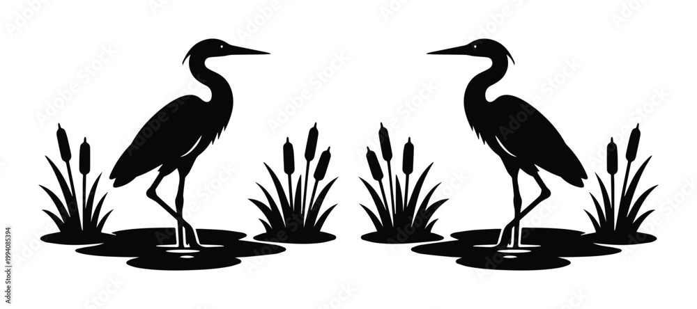 Naklejka premium Elegant Heron Silhouettes, a pair of black wading birds in a pond with cattails, minimalist vector illustration for nature and wildlife designs