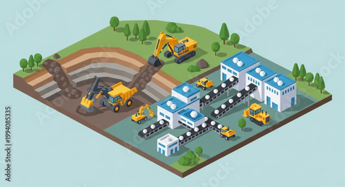 Industrial mining operation with heavy machinery and processing plant.