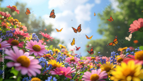 Beautiful monarch butterflies flying over a colorful spring flower field