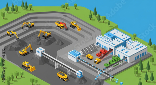 Industrial mining operation with heavy machinery and processing plant.