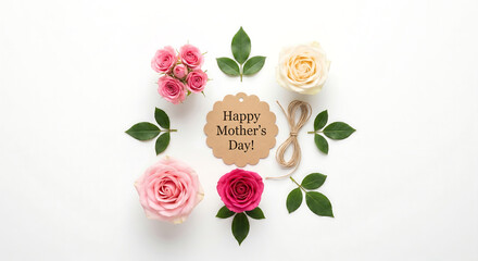 Elegant flat lay of pink roses, leaves, and a rustic Happy Mother's Day kraft tag on a white background. Perfect for floral greeting cards, spring designs, and feminine lifestyle mockups.