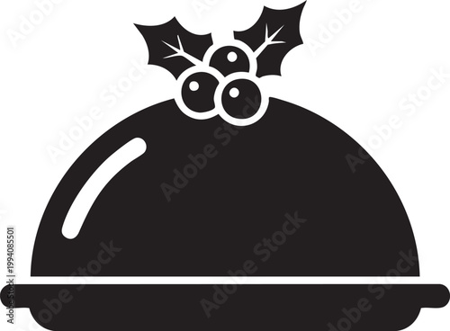 Christmas food cover icon, holiday dish cloche, vector black silhouette, festive serving dome