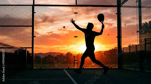 A man plays padel Padel at sunset