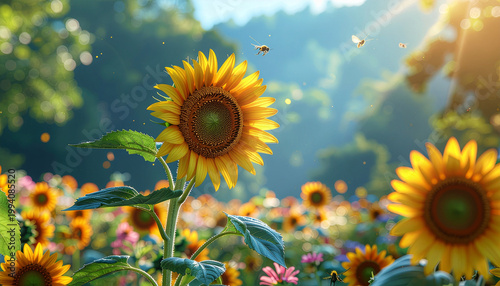 Bright yellow sunflower field with flying bees in summer