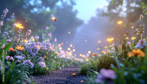 Magical forest path with glowing lights, wildflowers and a flying bee