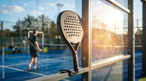 A black and yellow paddle Padel racket on a fence