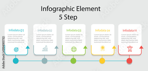 Vector Infographic label design template with icons and 5 options or steps. Five colorful graphic elements. Timeline design for brochure, presentation, web site.