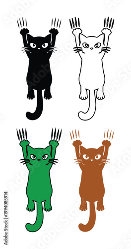 Funny hanging cat vector set, cute cartoon kittens scratching wall with claws, black white and colorful feline character illustrations