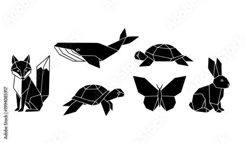 Geometric origami animals silhouette set black vector fox whale turtle butterfly rabbit design