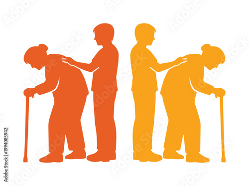 Elderly care silhouette vector, caregiver supporting senior woman with walking cane, geriatric nursing assistance icons in orange and yellow