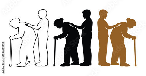 Elderly care silhouette icons, caregiver assisting senior woman with walking stick, geriatric nursing and home health support vector set