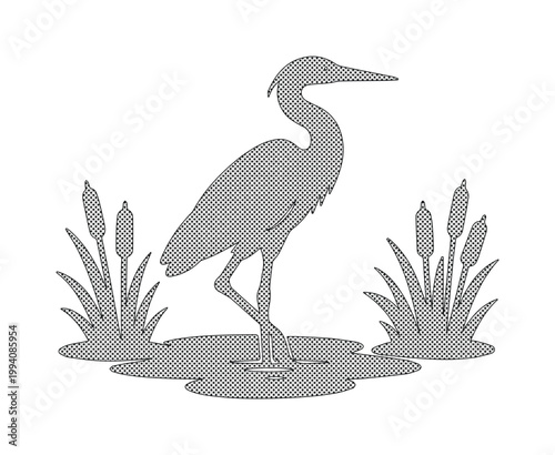Minimalist heron silhouette vector, elegant crane bird standing in marsh water, grey waterfowl with cattails and reeds, wildlife nature illustration