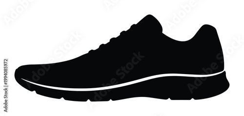 Running shoe silhouette vector, black athletic sneaker icon, minimalist sport footwear profile, side view of a modern trainer for fitness and jogging