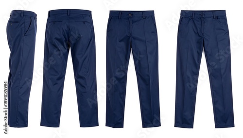 Four views of navy blue men's trousers isolated on a white background