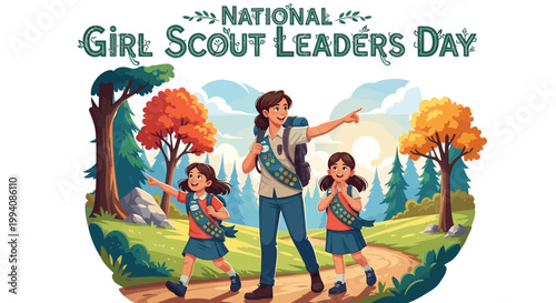 Vector illustration depicting National Girl Scout Leaders Day, showcasing a leader guiding young girls in an outdoor learning activity around a campfire, with scouting equipment and tents