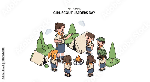 Isometric illustration showcasing National Girl Scout Leaders Day, featuring a leader guiding a group of girls around a campfire near tents, promoting youth development in a bright