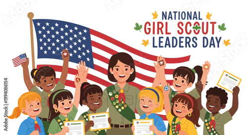 A vector illustration celebrates National Girl Scout Leaders Day, depicting a diverse group of young girls and their leader holding certificates with the American flag waving
