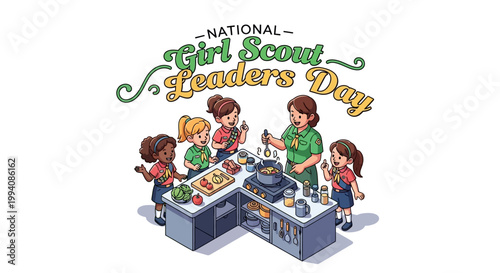 Cartoon illustration celebrating National Girl Scout Leaders Day, featuring a diverse group of girls learning to cook from their scout leader in a bright kitchen setting, conveying a sense